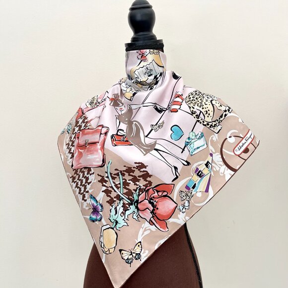 Salvatore Ferragamo Icons Beige Silk Scarf - Picture 2 of 15
